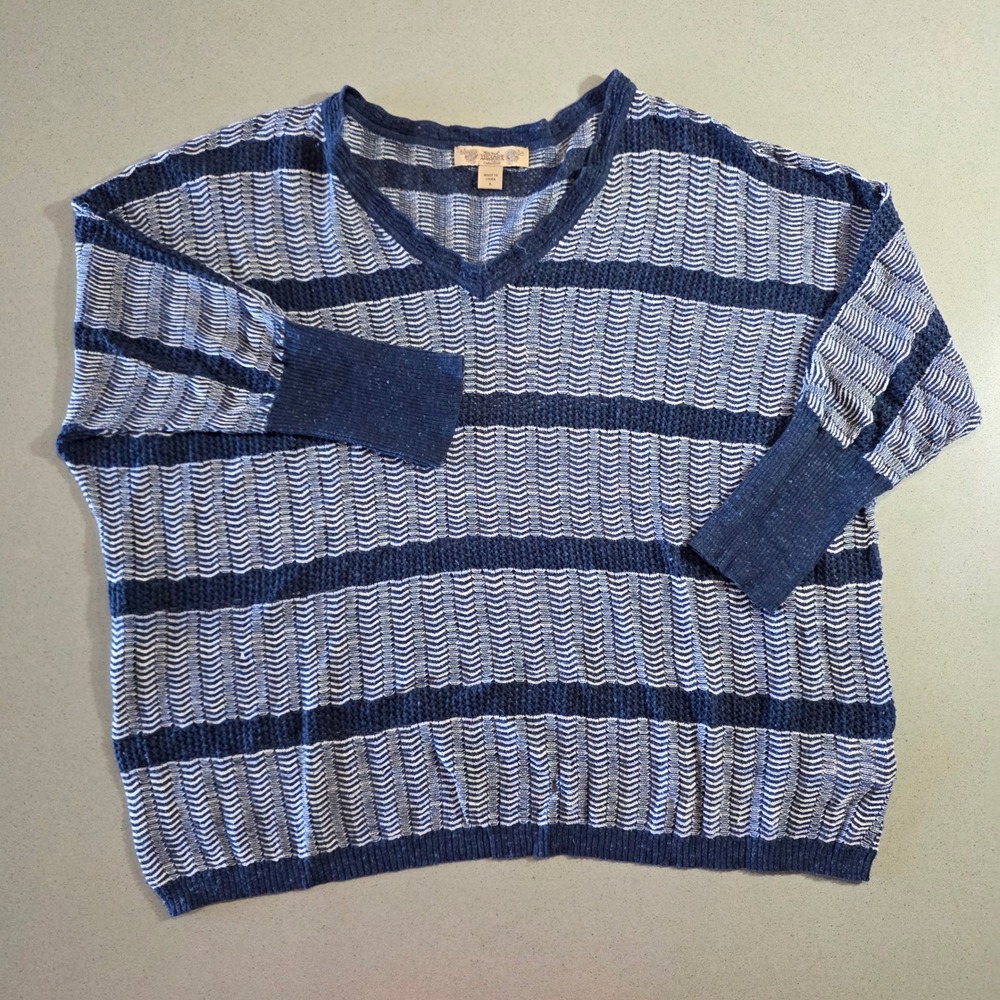 Nine West Vintage America Collection Striped V-Neck Knit Sweater Navy White L